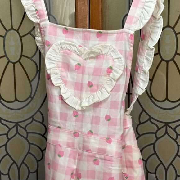 Hot Topic Pink Strawberry Gingham Heart Bib Shortalls Overalls Milk Maid Size L - Picture 5 of 13